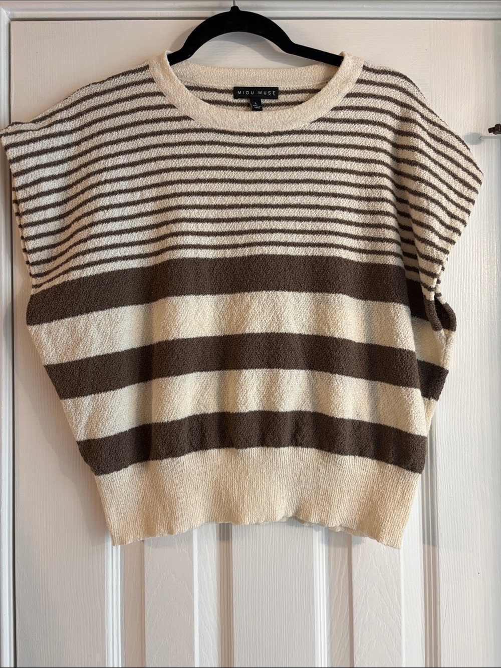 Miou Muse Cream & Brown Striped Short-Sleeve Crew Sweater
